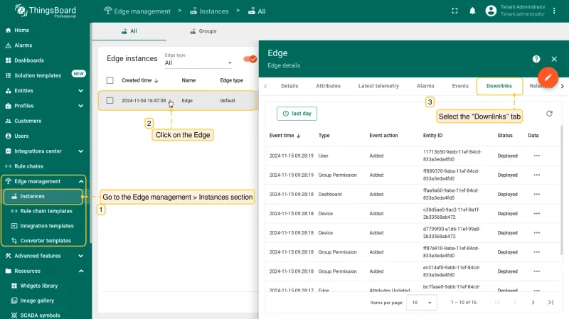 Downlinks tab showing messages transferred from the server to the Edge (PE)