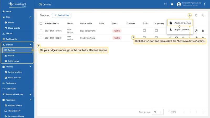 Devices section on Edge with Add new device button