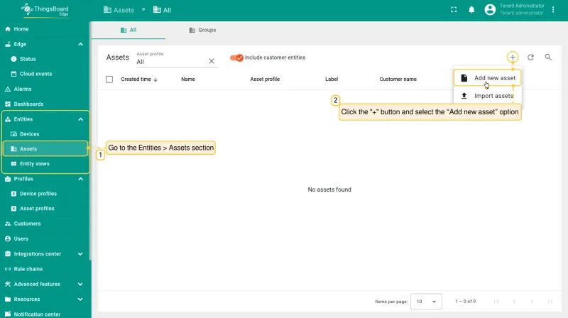 Assets section with Add new asset option selected