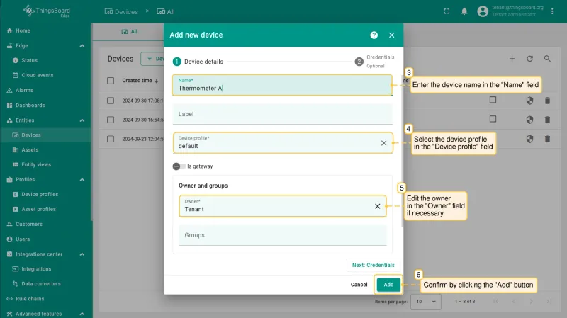 Add device dialog with Name and Device profile fields