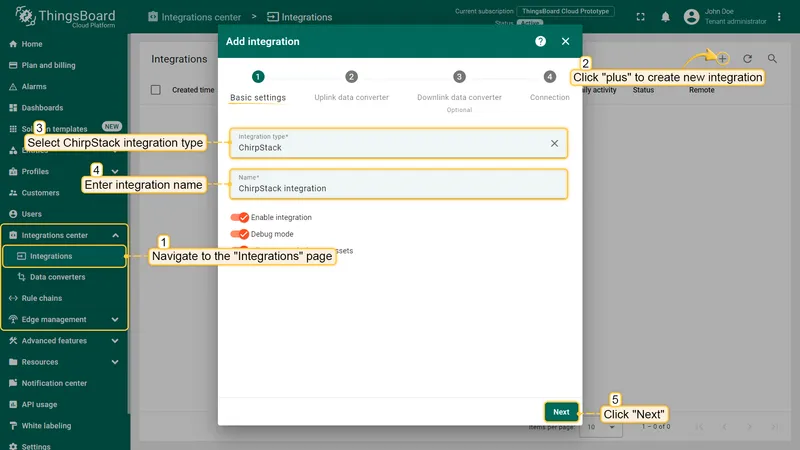 Go to the "**Integration center**" section, "**Integrations**" page and click "**plus**" button to add new integration. Select type "**Chirpstack**". Then, click "**Next**".
