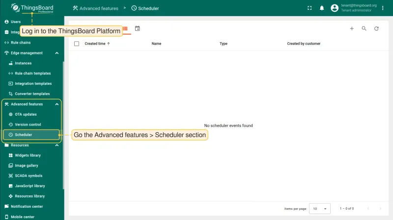 Scheduler section on ThingsBoard Platform
