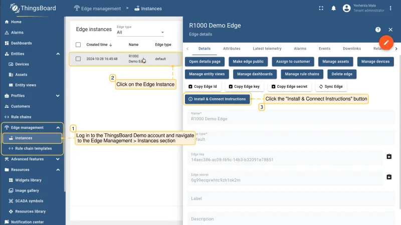 Edge details page with Install & Connect Instructions button