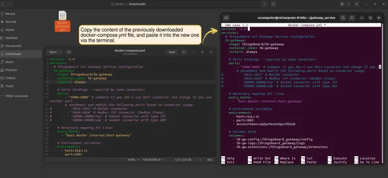 Terminal with docker-compose.yml open and IoT Gateway configuration pasted