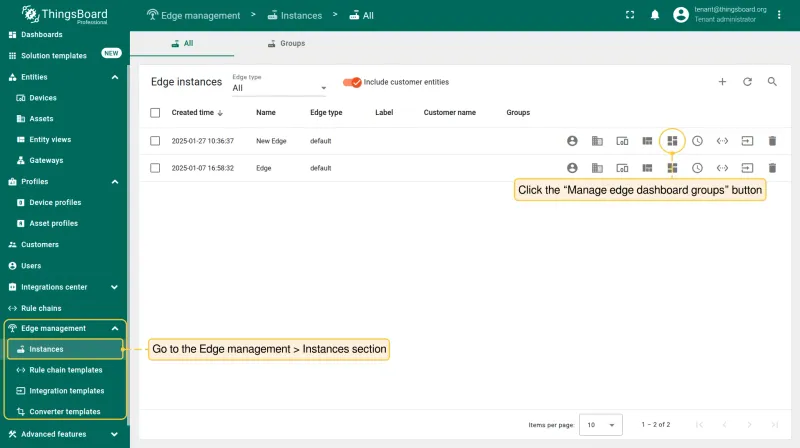 Navigate to the **Edge Management > Instances** section, then click the **“Manage edge dashboard groups”** button.