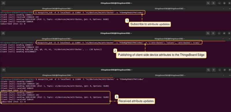 Terminal output showing shared attribute update received via MQTT subscription (PE)