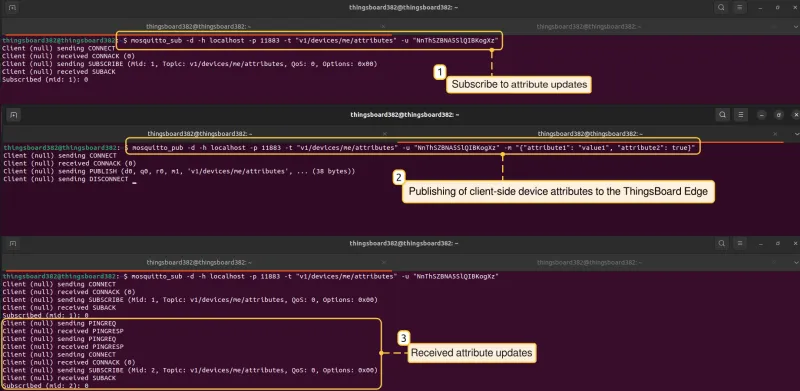 Terminal output showing shared attribute update received via MQTT subscription
