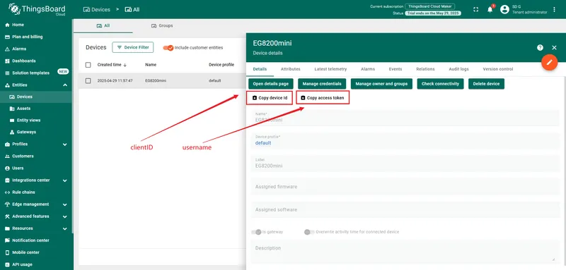 The device ID is the MQTT client ID and the access token is the MQTT username.