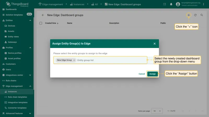 On the **“Dashboard groups”** page, click the **“+”** icon to assign the newly created group to the Edge instance. Click the **“Assign”** button. The group and all dashboard within it will be assigned to the Edge instance.