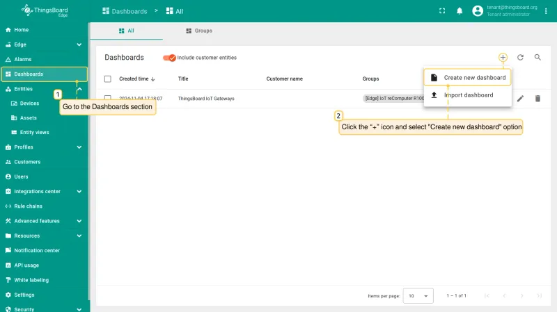 Go to the **Dashboards** section, click the **“+”** icon and select **"Create new dashboard"** option.