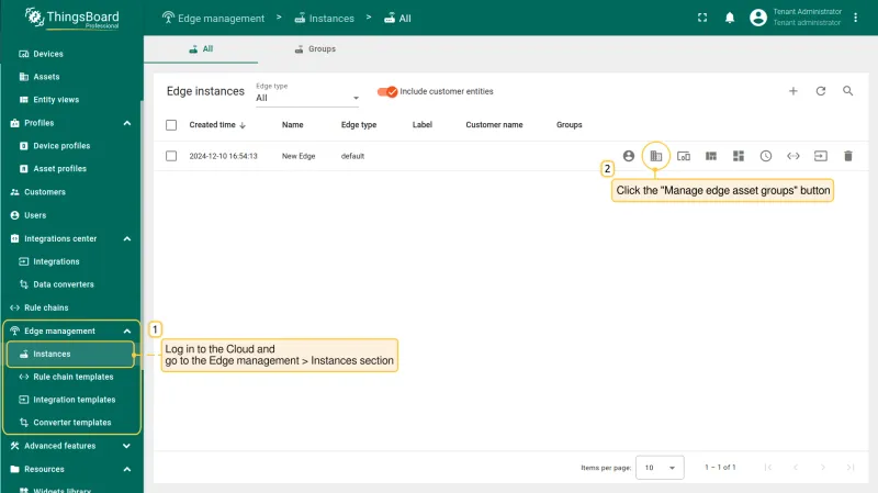Edge Instances page with Manage edge asset groups button