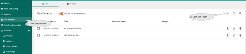 Go to the "<b>Dashboards</b>" page, click the <b>+</b> button in the upper right corner of the page.
