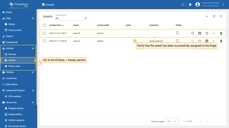 Assets section on Edge showing the assigned asset