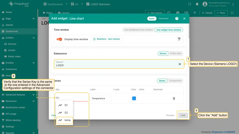In the **"Add Widget"** pop-up window, select the **Device** (in our case, Siemens LOGO!) as the **Datasource**. Please verify that the **Series Key** is the same as the one entered in the **Advanced Configuration** settings of the connector. As an example, we have utilized the designation **"temp"**. Consequently, the series key must be **"temp"** as well. Click the **“Add”** button.