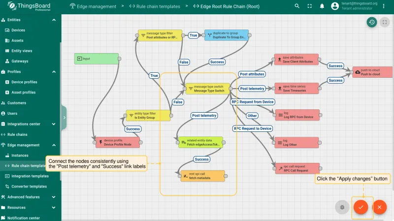 Rule chain with nodes connected and Apply changes button (PE)