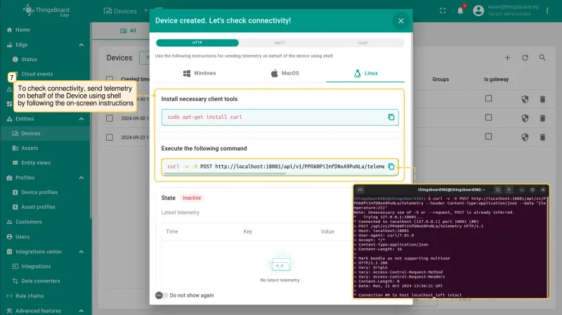 Connectivity check dialog with shell command