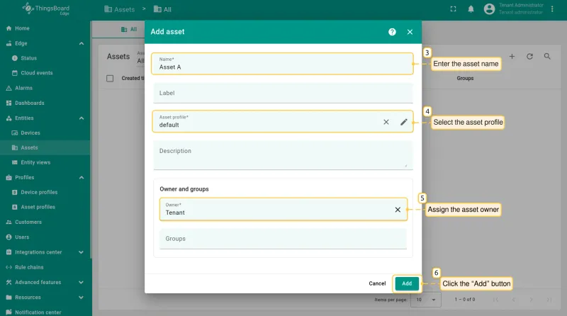 Add asset dialog with Name, Asset profile, and Owner fields