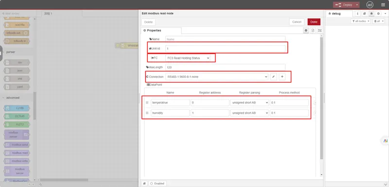 Configure the sensor parameters and choose RS485-1.