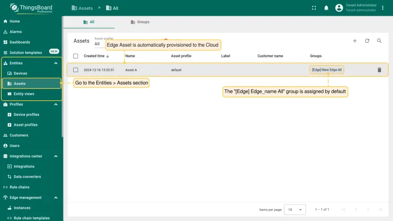 Assets list showing the newly created asset pushed to the server
