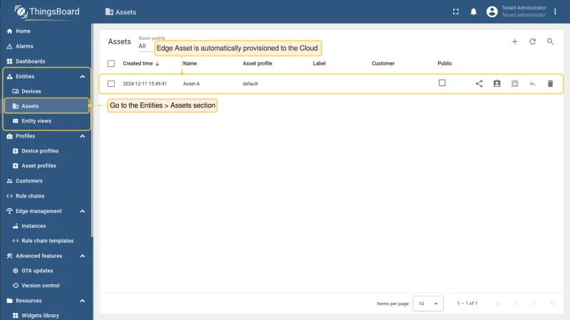 Assets list showing the newly created asset