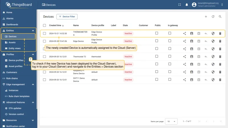 Devices section on the server showing the newly pushed device