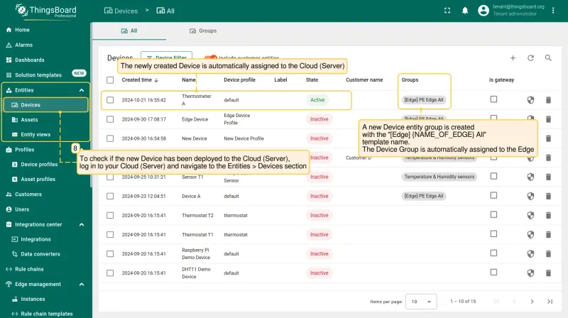Devices section on the server showing the device and auto-created entity group