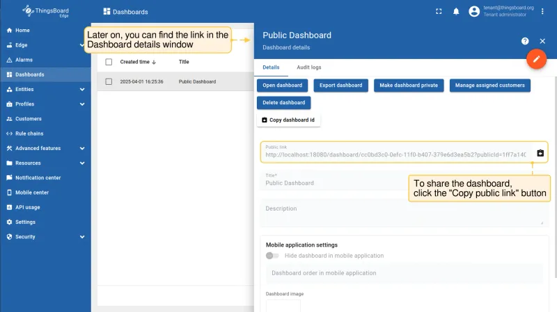 Dashboard details panel showing the public link field