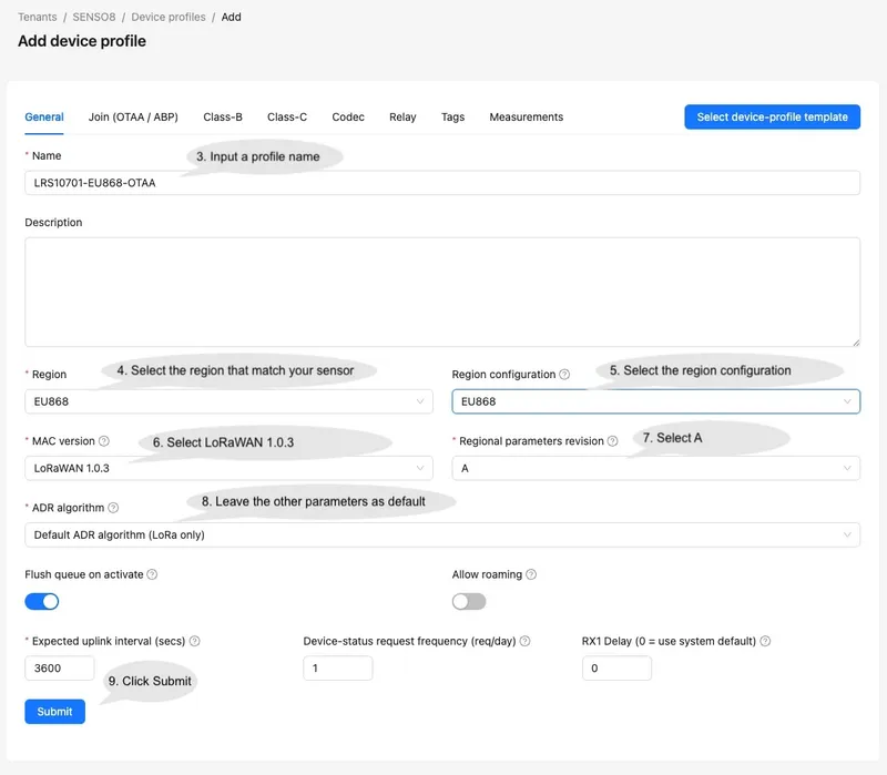 Input the parameters on the Device Profile page and click Save. For Profile name, input ‘LRS10701-OTAA’ or ‘LRS10701-ABP’ depending on the sensor activation mode configured. It will be used on the data converter to determine the sensor model.