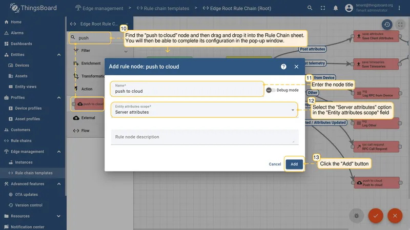 Push to cloud node settings with Server attributes scope selected — CE