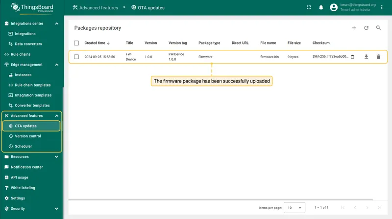 OTA updates list showing the newly uploaded package