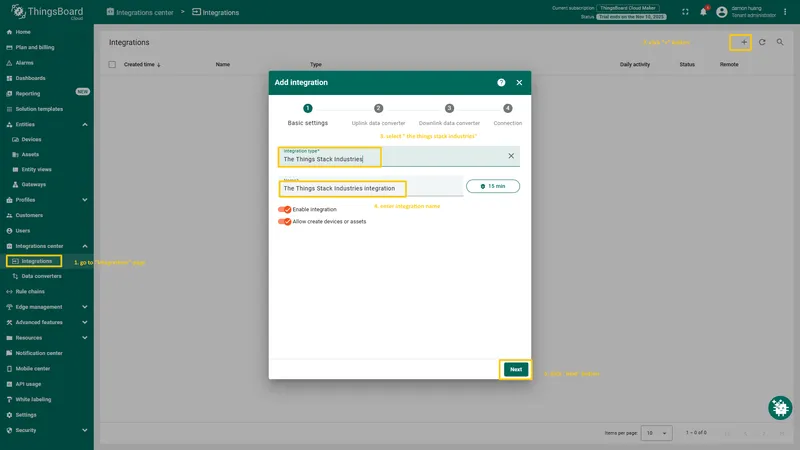 Click "**plus**" icon in the upper right corner to add new integration. Select "**The Things Stack Industries**" integration type. Then, click "**Next**" button.