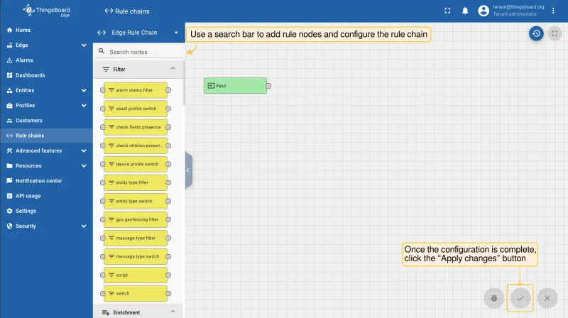 Rule chain editor on Edge with Apply changes button