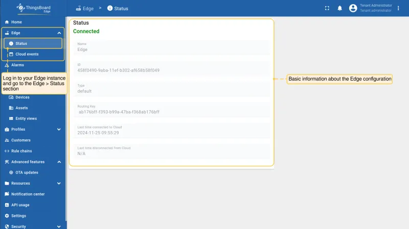 Edge Status page showing connectivity and configuration details