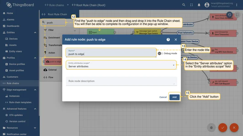 Push to edge node added to the rule chain canvas with settings — CE