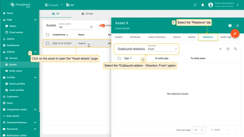 Asset details Relations tab with Outbound relations selected