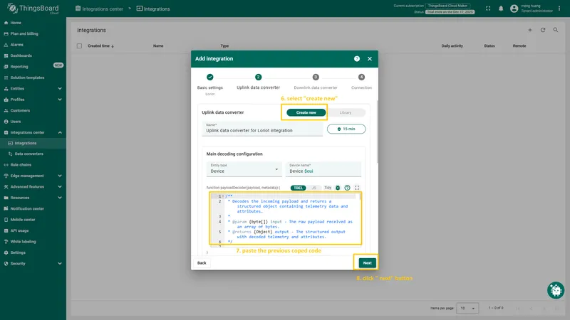 Paste the previously copied script to the **Decoder function** section. Click "**Next**" button.