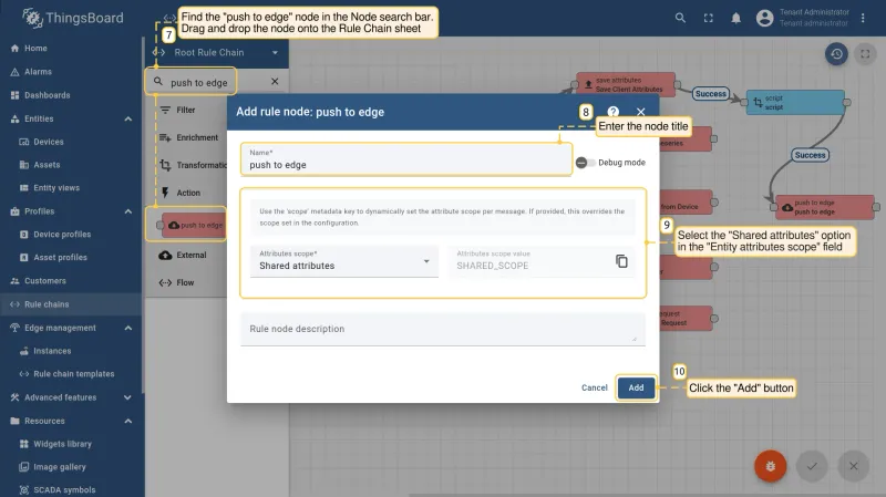 Push to edge node dialog with Shared attributes selected in Entity attributes scope