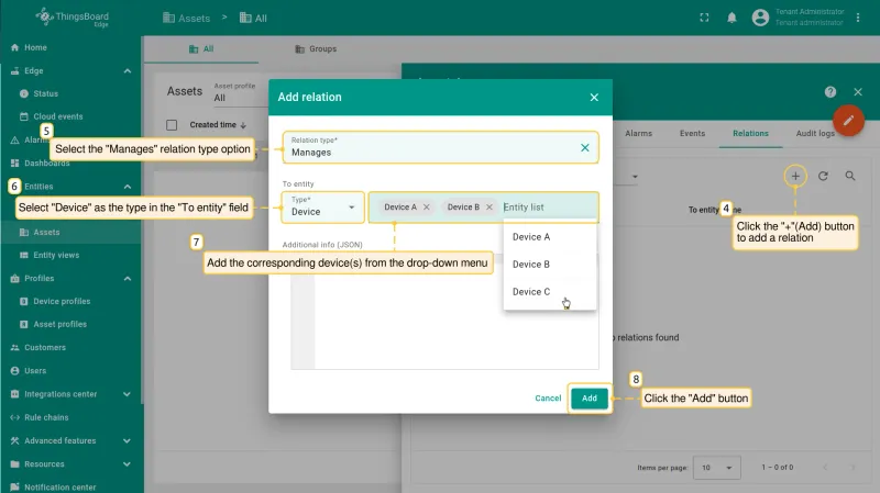 Add relation dialog with Manages type and Device entity selected