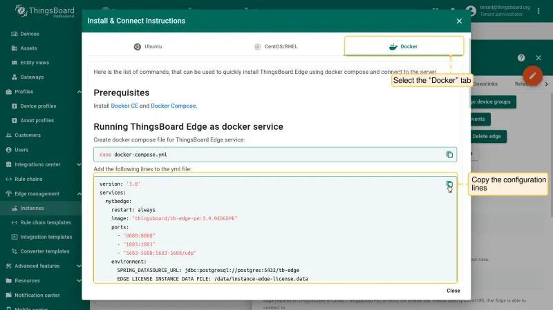 On the **"Install & Connect Instructions"** pop-up window, select the **"Docker"** tab and **copy the configuration lines**.