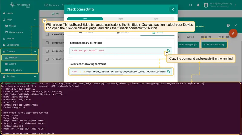 Device connectivity check on Edge with terminal command to trigger the alarm — PE