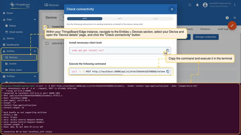 Device connectivity check on Edge with terminal command to trigger the alarm — CE