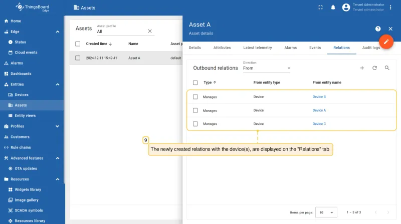 Relations tab showing the newly added Manages relation