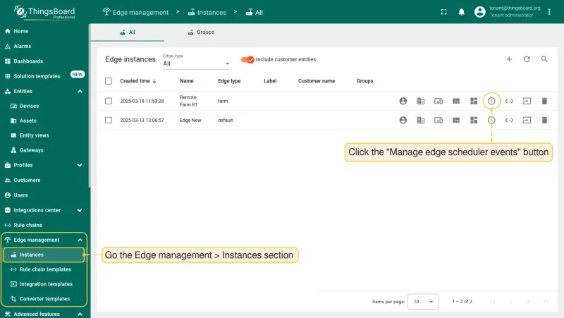 Manage edge scheduler events button