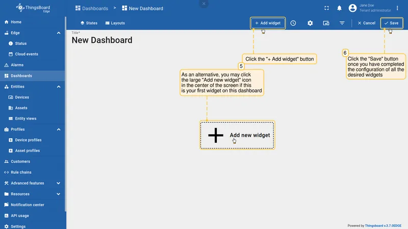 Dashboard edit view with Add widget button and Save button in the toolbar