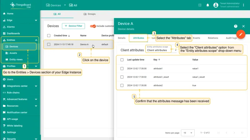 Device Attributes tab on Edge showing Client attributes received from the device (PE)