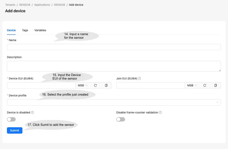 Input the sensor information and click Submit to add the sensor.