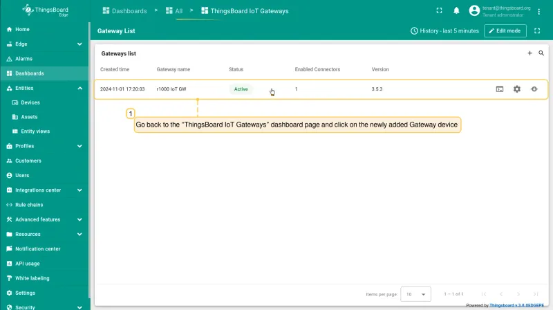 Go back to the **“ThingsBoard IoT Gateways”** dashboard page and click on the newly added **Gateway device** (reComputer R1000).