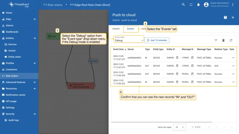 Push to cloud node Events tab with IN and OUT debug records