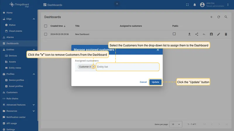 Manage assigned customers dialog with a customer selected and Update button