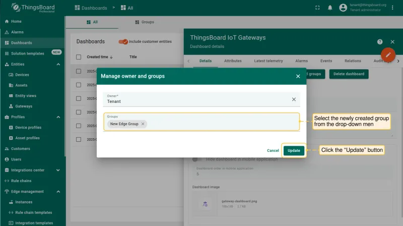In the **"Manage owner and groups"** pop-up window, select the newly created group from the **"Groups"** drop-down menu. Click the **"Update"** button.